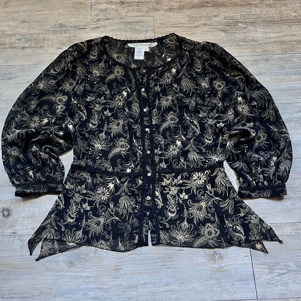 Max Studio 100% Silk Blouse Small Y2K Boho Floral Sheer Button Front Top